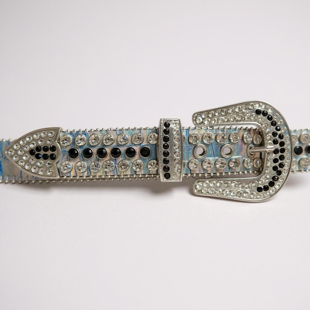 RARE DNA RHINESTONE Belt Glow in the Dark‎ Leather Belt SILVER PLATINUM SZ LARGE